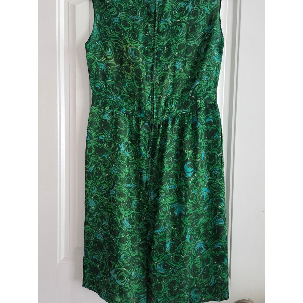 Vintage 60s Mod Psychedelic Swirl Dress Small Pockets Raw Silk Shantung Green - Picture 4 of 10